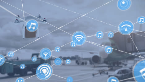 Animation-of-network-of-connections-with-icons-over-drone-and-airport