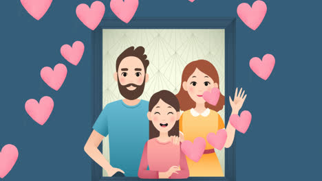 Animation-of-caucasian-parents-and-daughter-over-blue-background-with-hearts