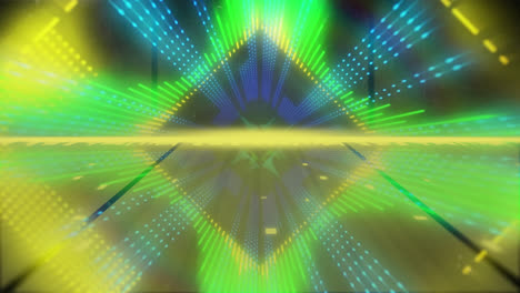 Animation-of-kaleidoscopic-glowing-shapes-over-striped-background