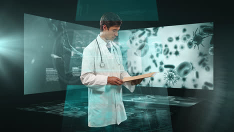 Animation-of-data-processing-over-caucasian-male-doctor-with-clipboard