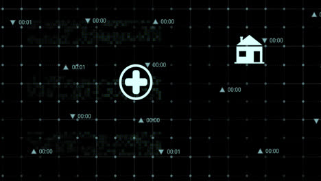 Animation-Mehrerer-Digitaler-Symbole-über-Einem-Gitternetz-Vor-Schwarzem-Hintergrund