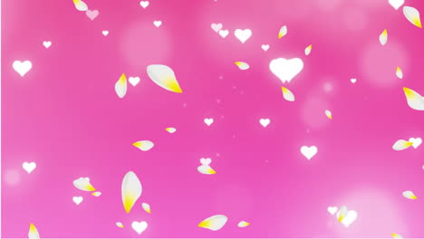 Animatiion-of-glowing-heart-icons-and-petals-falling-against-spots-of-light-on-pink-background