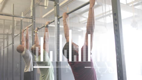 Animation-of-data-processing-on-graph-over-diverse-male-group-cross-training-at-gym-doing-pull-ups