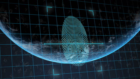 Animation-Des-Biometrischen-Fingerabdrucks-Und-Des-Zielfernrohrscannens-über-Dem-Globus