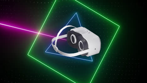 Animation-Eines-VR-Headsets-über-Leuchtenden-Neonformen,-Die-Sich-Auf-Schwarzem-Hintergrund-Bewegen