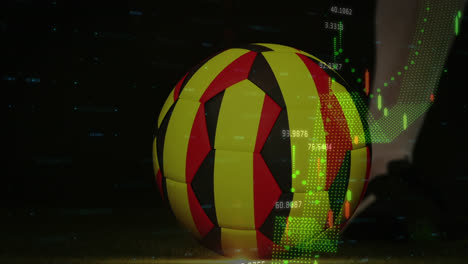 Animation-of-graphs-with-numbers-over-low-section-of-soccer-player-kicking-ball-with-belgium-flag