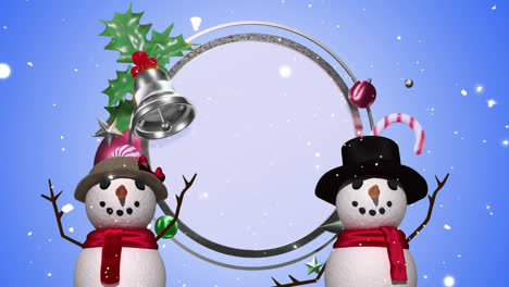Animation-Von-Fallendem-Schnee-Und-Weihnachtsdekorationen-über-Einem-Kreis-Mit-Kopierraum-Auf-Blauem-Hintergrund