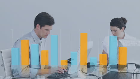 Animation-of-bar-graph-over-caucasian-coworkers-working-on-computer-in-office