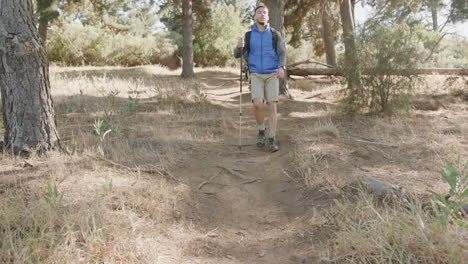 African-american-man-wearing-backpack-and-hiking-with-trekking-pole-in-forest,-slow-motion