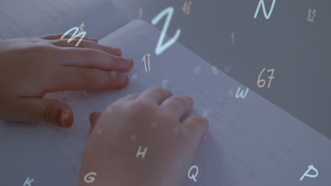 Animation-of-letters-and-numbers-over-caucasian-girls-reading-braille