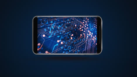 Animation-of-smartphone-with-data-processing-on-blue-background