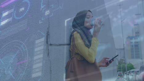 Animación-Del-Procesamiento-De-Datos-Sobre-Una-Mujer-Birracial-Con-Hijab-Tomando-Café-Usando-Un-Teléfono-Inteligente-Al-Aire-Libre