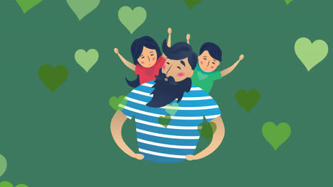 Animation-of-caucasian-father-with-daughter-and-son-over-green-background-with-hearts