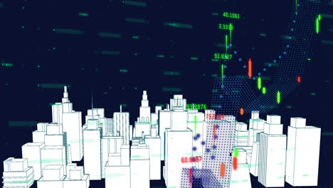 Animation-of-graphs-with-numbers-over-white-3d-model-of-cityscape-against-blue-background