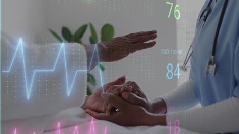 Animation-of-heart-rate-monitor-over-mid-section-of-female-doctor-holding-hands-of-senior-patient
