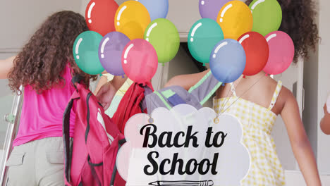 Animation-of-balloons-and-back-to-school-text-over-happy-diverse-school-kids-at-school