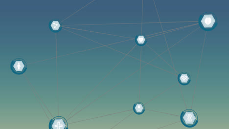 Animation-of-network-of-connections-with-medical-icons-over-blue-background