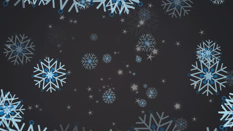 Animation-Von-Leuchtenden-Sternen-Und-Schneeflocken,-Die-Vor-Grauem-Hintergrund-Mit-Kopierraum-Schweben