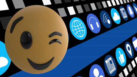 Animation-of-social-media-icons-with-winking-emoji-icons-over-blue-background