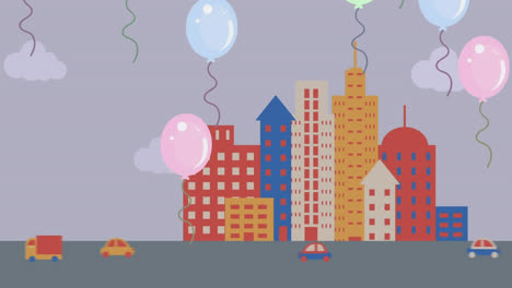 Animation-of-multicolored-flying-balloons-and-moving-vehicles-against-skyscrapers