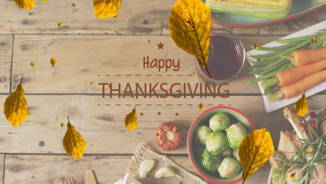Animation-of-happy-thanksgiving-over-dinner-food-on-wooden-background