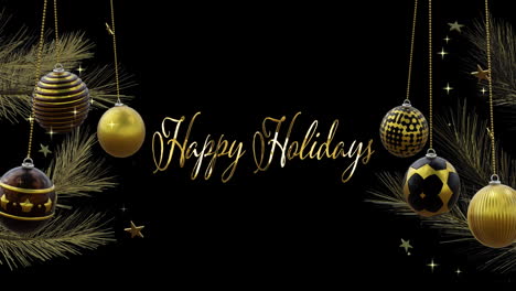 Happy-holidays-text-over-black-and-gold-christmas-baubles-swinging-and-stars-on-black-background