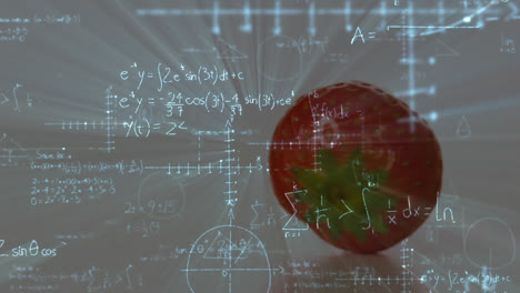 Animation-of-mathematical-equations-over-strawberry-on-white-background