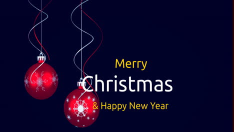 Animation-of-merry-christmas,-happy-new-year-text-and-hanging-baubles-against-black-background