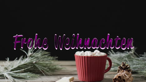 Texto-De-Feliz-Navidad-En-Color-Púrpura-Sobre-Chocolate-Caliente-Navideño-Sobre-Fondo-Negro