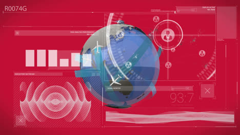 Animation-of-data-processing-over-spinning-globe-and-red-background