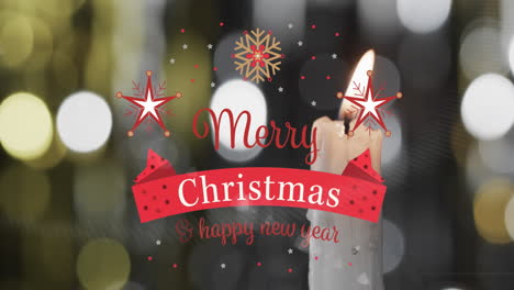 Animation-of-merry-christmas-text-over-lit-candle-on-black-background