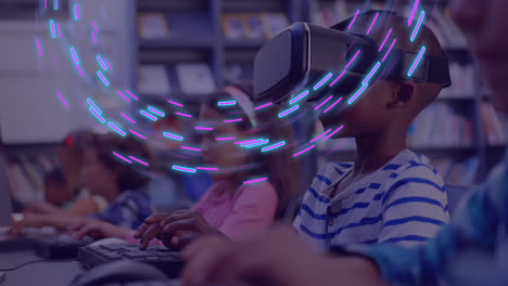 Animation-of-glowing-3d-shapes-over-african-american-boy-using-vr-headset