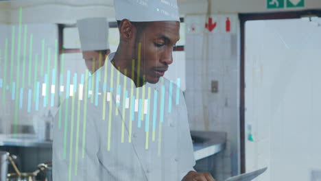 Animation-of-data-processing-against-african-american-male-chef-using-digital-tablet-in-the-kitchen