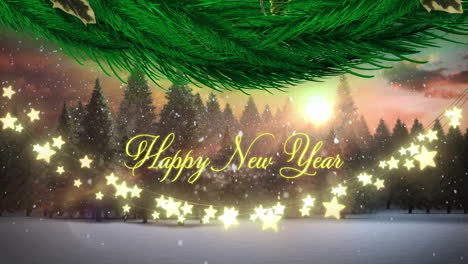 Animation-of-snow-falling-over-happy-new-year-text-banner-and-fairy-lights-against-winter-landscape
