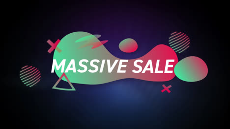 Animation-of-massive-sale-text-with-green-and-red-shapes-on-black-background