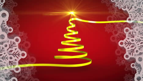Animation-Von-Lichtflecken-Und-Zweigen-über-Einem-Band,-Die-Vor-Rotem-Hintergrund-Einen-Weihnachtsbaum-Bilden