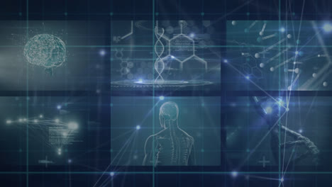 Animation-Wissenschaftlicher-Daten-Auf-Bildschirmen,-DNA-Und-Verbindungen-Auf-Blauem-Hintergrund