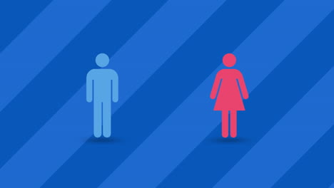 Animation-of-male-and-female-icons-against-blue-striped-background-with-copy-space