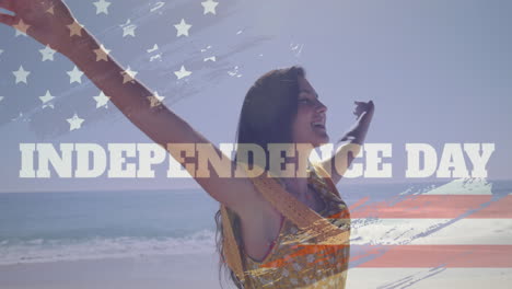 Animation-of-usa-flag-effect-and-independence-day-text-against-biracial-woman-enjoying-at-the-beach