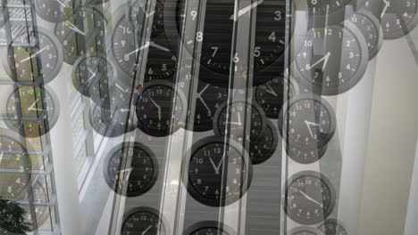 Animation-of-clocks-ticking-and-data-processing-over-escalators