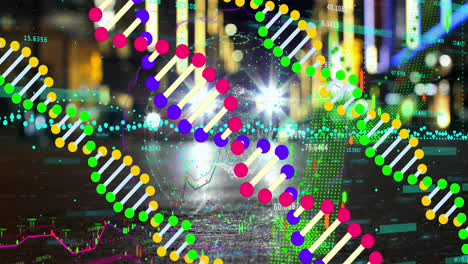 Animation-of-data-processing-over-dna-strands-and-cityscape