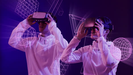 Animation-of-glowing-3d-shapes-of-data-transfer-over-asian-people-in-vr-headsets