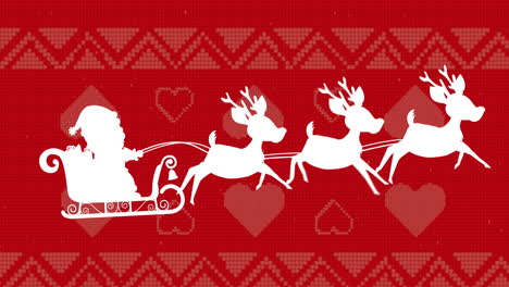 Animation-of-white-silhouette-of-santa-in-christmas-sleigh-with-reindeer-on-red-patterned-background