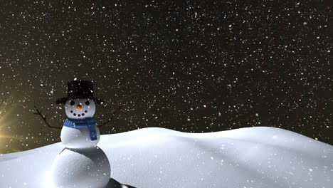 Animation-of-falling-snow-over-snowman-and-winter-scenery