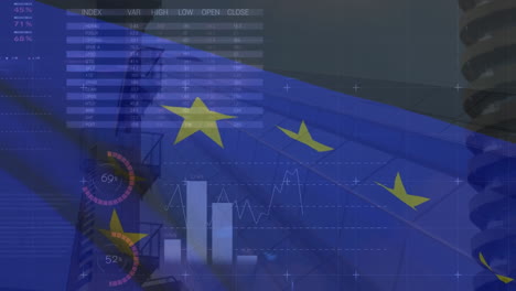 Animation-of-financial-and-stock-market-data-processing-over-waving-eu-flag-against-tall-buildings