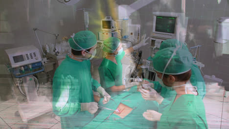 Animation-of-timelapse-with-walking-people-over-team-of-caucasian-surgeons-during-operation