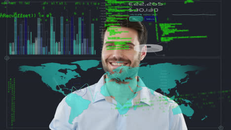 Animation-of-data-processing-with-world-map-over-caucasian-man-on-black-background
