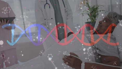 Animation-of-dna-strand-and-molecules-over-diverse-senior-female-patient-and-doctors-talking