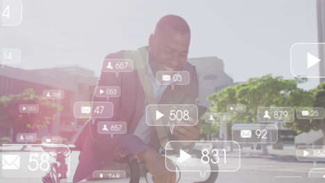 Animation-of-social-media-icons-over-african-american-man-using-smartphone-on-his-bike-outdoors
