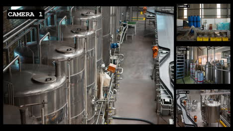 Four-security-camera-views-of-industrial-brewery-and-bottling-business-interiors,-slow-motion